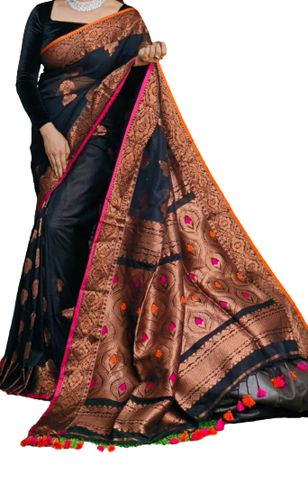 All Over Contrast Color Hand Weaving Black Banarasi Silk Saree